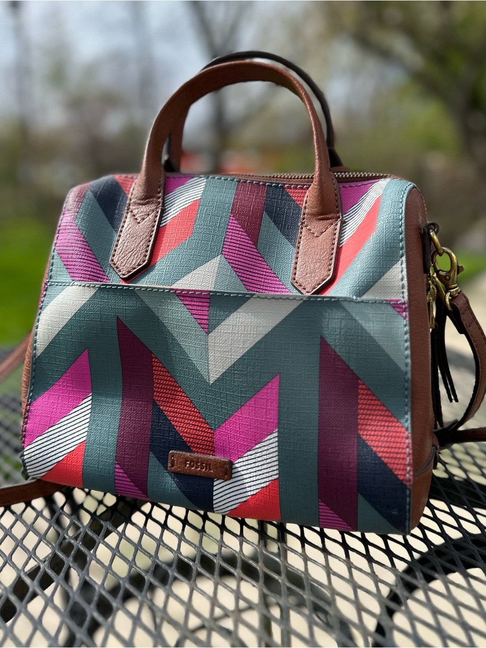 Fossil Multicolor Chevron Satchel with Brown Trim